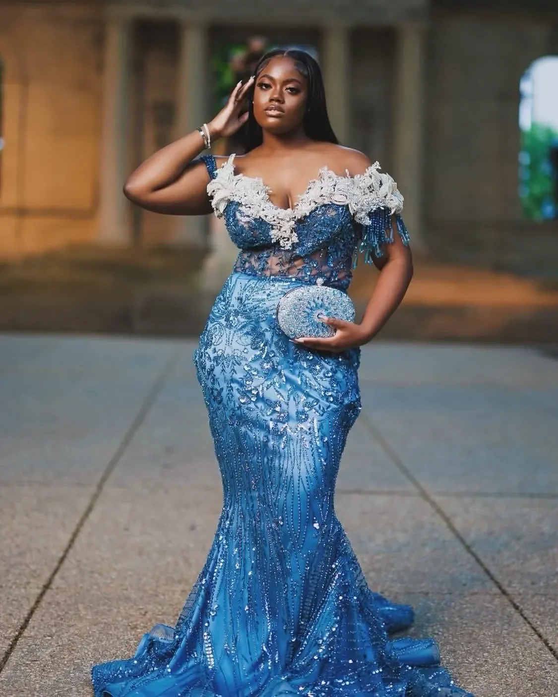 

Plus Size Blue Mermaid Prom Dress Lacefull Promdress Flowers Beaded Evening Formal Party Second Reception Birthday Engagement G