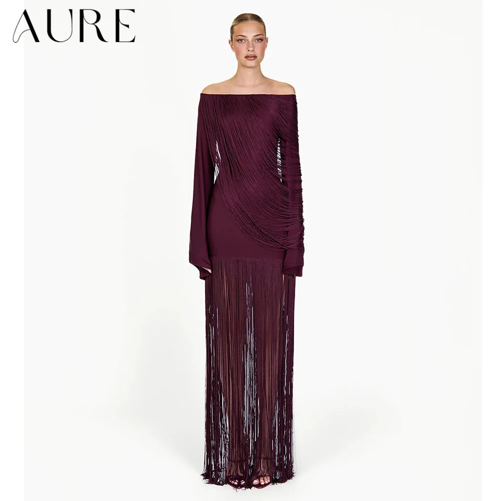 Aure Cus Off Shoulder Fringe Evening Gown Long Flare Sleeve Bodycon Maxi Modest Formal Muslim Party Wedding Guest Dress