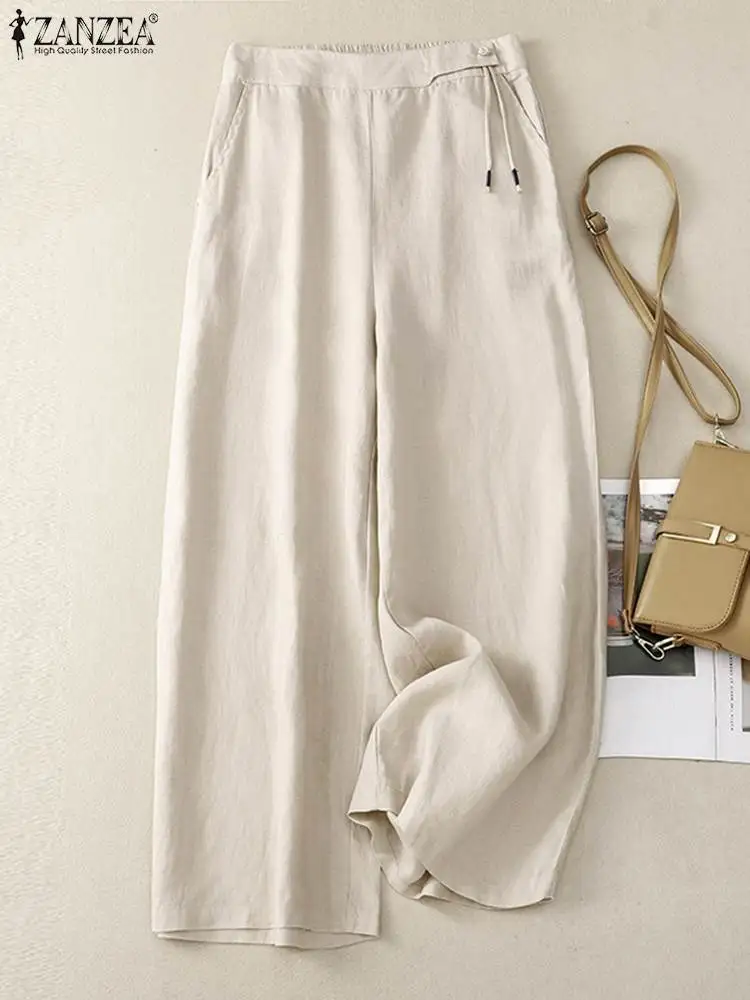 Summer Elastic Waist Solid Long Trousers 2024 ZANZEA Vintage Women Wide Leg Pants Work Pantalon Casual Loose Palazzo Oversize