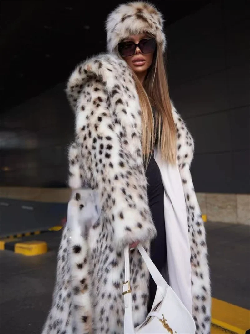 

S-2XL Women Faux Fox Fur Black White Dot Leopard Cardigan Ladies Thick Windbreaker Coat With Hat Winter Warm Long Plush Overcoat