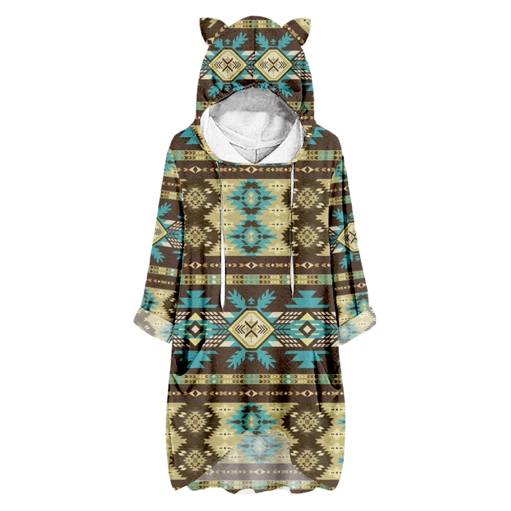 

Women's Hoodie Ethnic Style Stitching Printed Loose Half Sleeve Casual Fashion Women Cat Ears Sweatshirt Hoodies