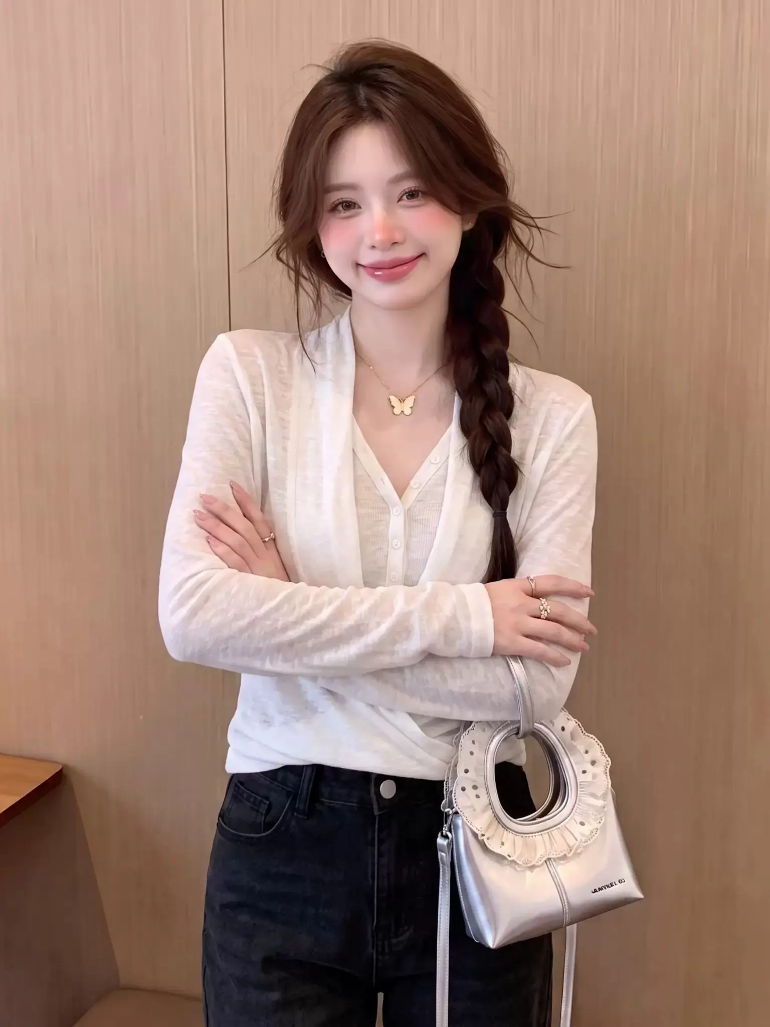 Korean Style Long Sleeve T-Shirt Women's Initial Autumn New Slimming Folded Cross Small Top Fake Two-Piece Design Sense