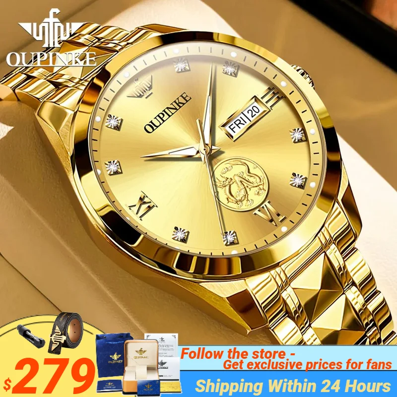 OUPINKE Luxury Brand Watch Men Real Gold Dragon Sculpture Japan Movement Luminous Waterproof Automatic Mechanical Man Wristwatch