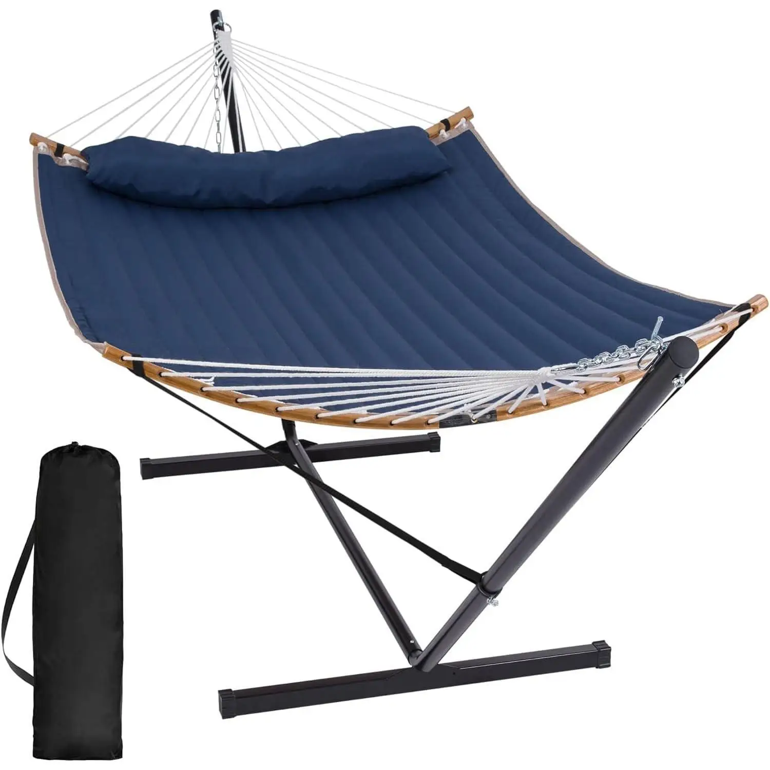 Portable Outdoor Hammock with Stand, Heavy Duty Hammock with Carrying Bag, Soft Pillow, Balance Ropes, Dark Blue