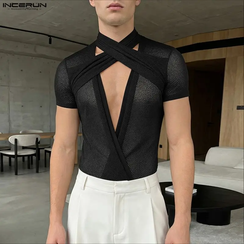 INCERUN Men's Bodysuits Solid Color Short Sleeve Mesh Hollow Out Romper For Man Playsuits See Through Sexy 2026 Fashion Bodysuit image 2