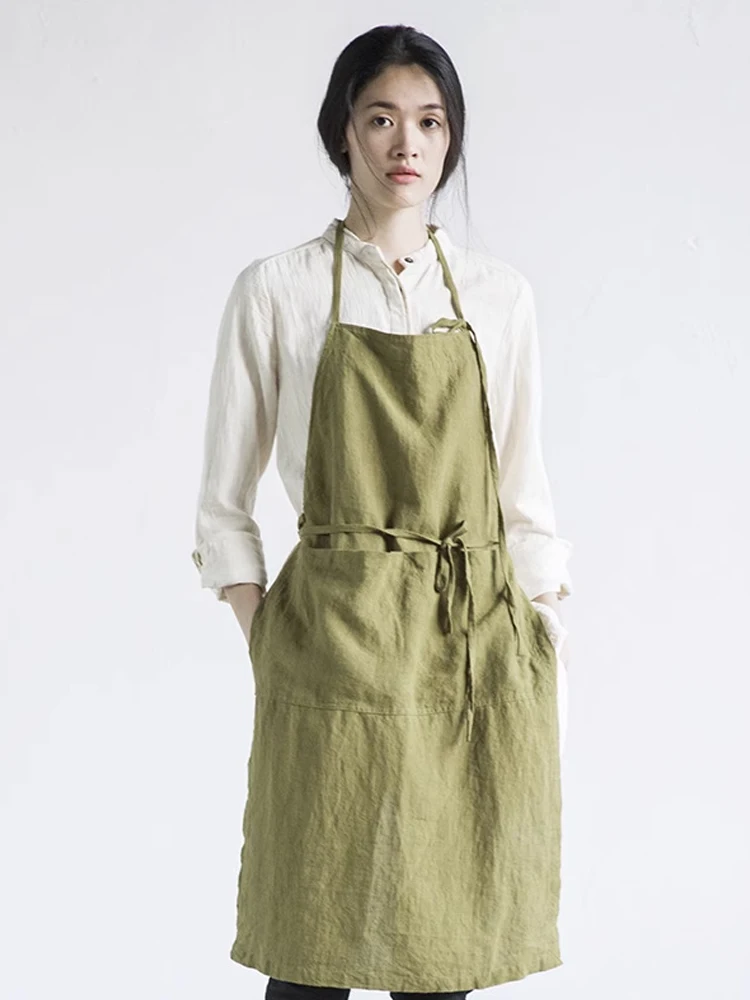 

Japanese Sle Simple Linen Cotton Apron Dr Artistic Gardening Py Baking ex Workwear Women's Version Overall Leng...