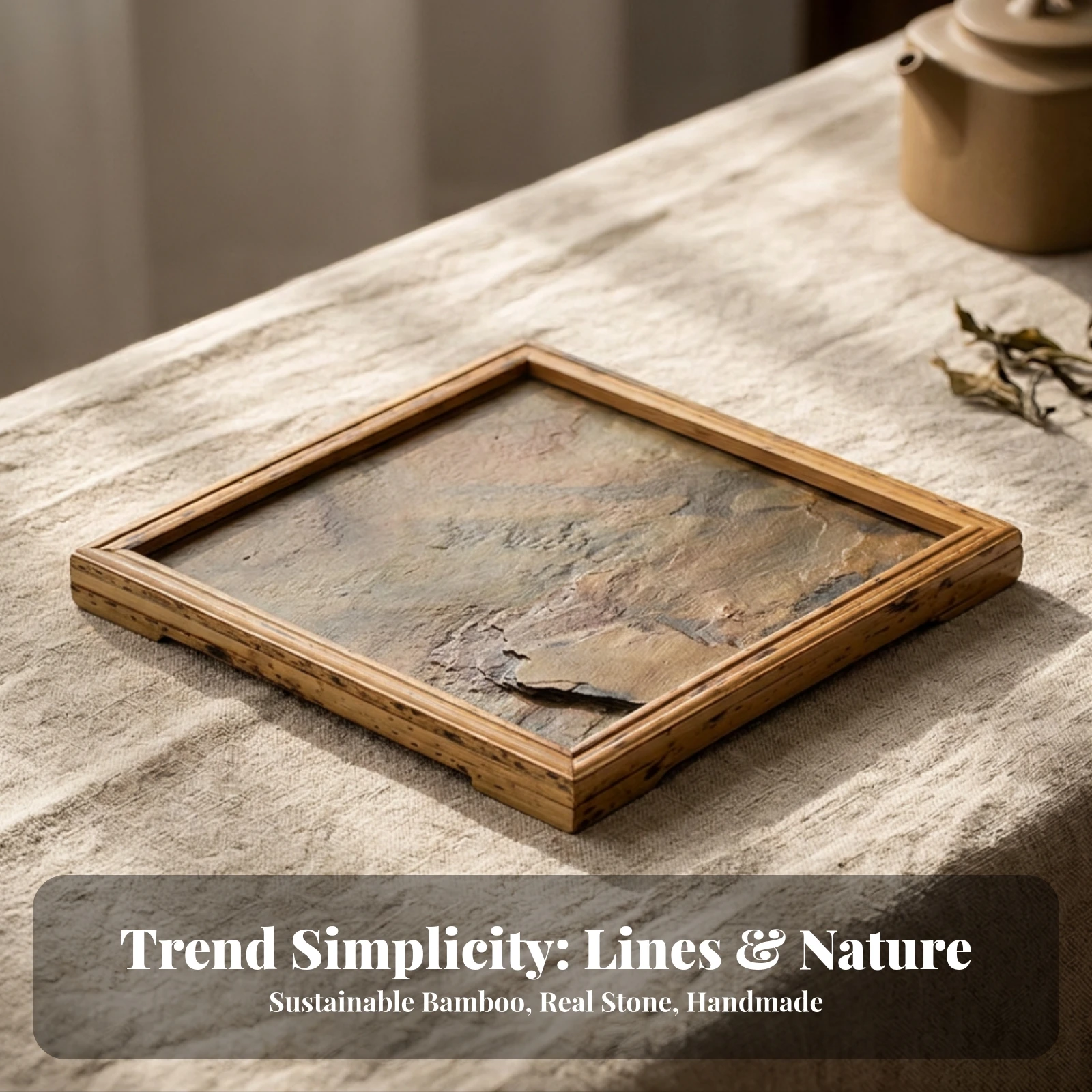 Tea Tray with Bamboo Frame Traditional Tea Tray with Stone Inset Antique-Style Long-Lasting for Dry Brewing
