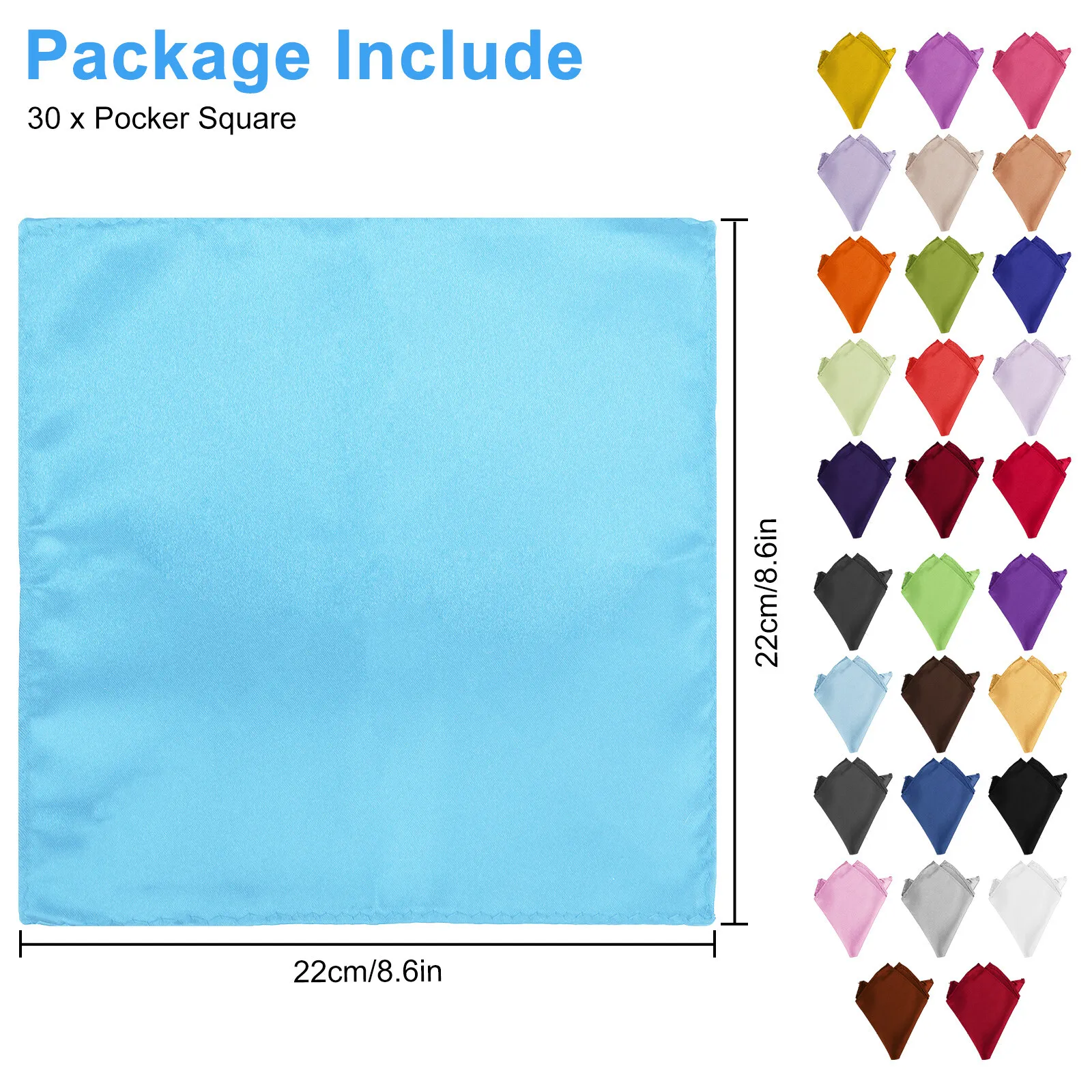 30Pcs Men's Satin Silk Pocket Squares, Assorted Solid Hankies, for Wedding Party