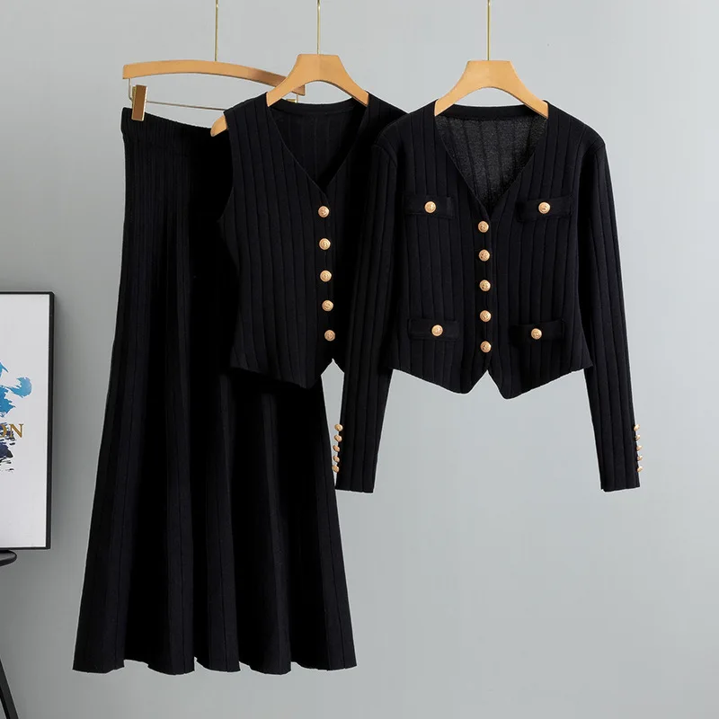 

Женские комплекты платьев, юбки до щиколотки, свитер, кардиган, однобортный однобортный три предмета, вязаный свободный повседневный осень 2023 г.