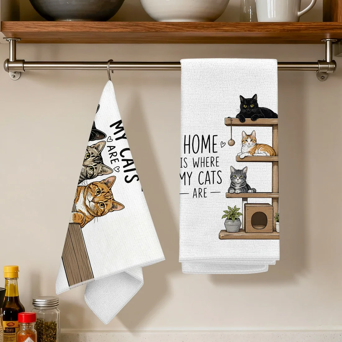 2pcs Kitchen Towels Cute Cat Text IllustrationHand Towels Christmas Decorations For Home Noel Dish Towels Gifts