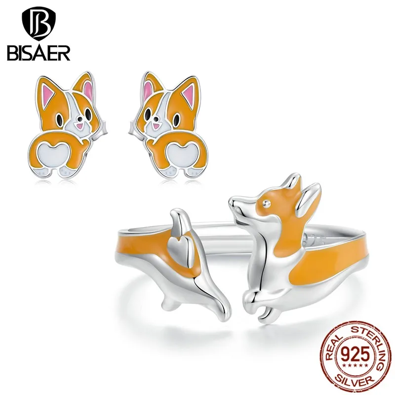 BISAER Real 925 Sterling Silver Cute Corgi Open Ring Pet Animal Stud Earrings Enamel for Women Party Fine Jewelry Set Gift