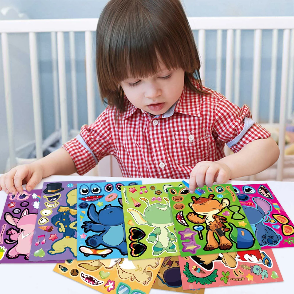 Autocollants de puzzle de dessin animé Disney Stitch pour enfants, faire un visage, bricolage amusant, assembler des décalcomanies de puzzle, jouets pour jeu de fête, 9 feuilles, 18 feuilles