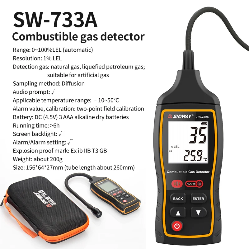 SNDWAY Combustible Gas Detector SW-733A Propane CO Hexane Methane Leak Indicator Port Natural Gas Analyzer 0-100%LEL With Alarm