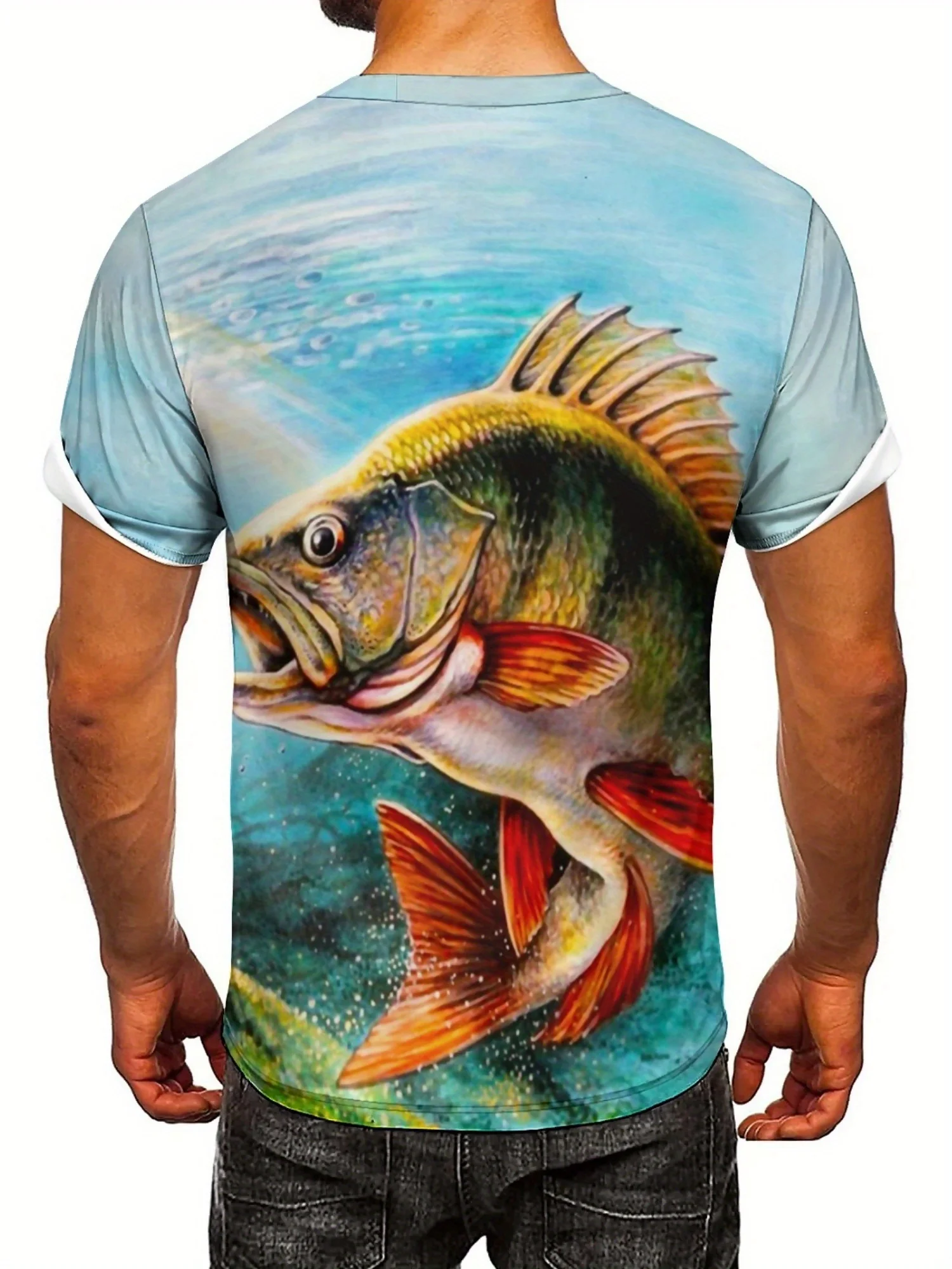 تي شيرت رجالي بطبعة سمكة ثلاثية الأبعاد - بوليستر ناعم، كم قصير، رقبة دائرية، تصميم صياد أزرق ملون