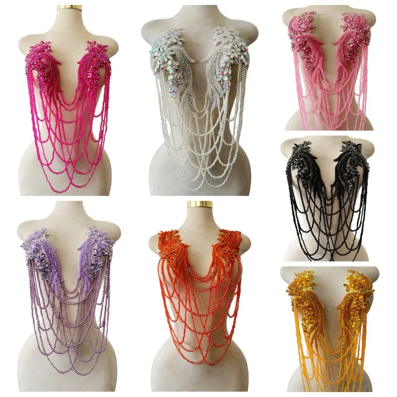1Pcs Front Crystal Tassels Wedding Collar with Rhinestone Beaded Tassels Appliques Neckline for Clothes Decoration