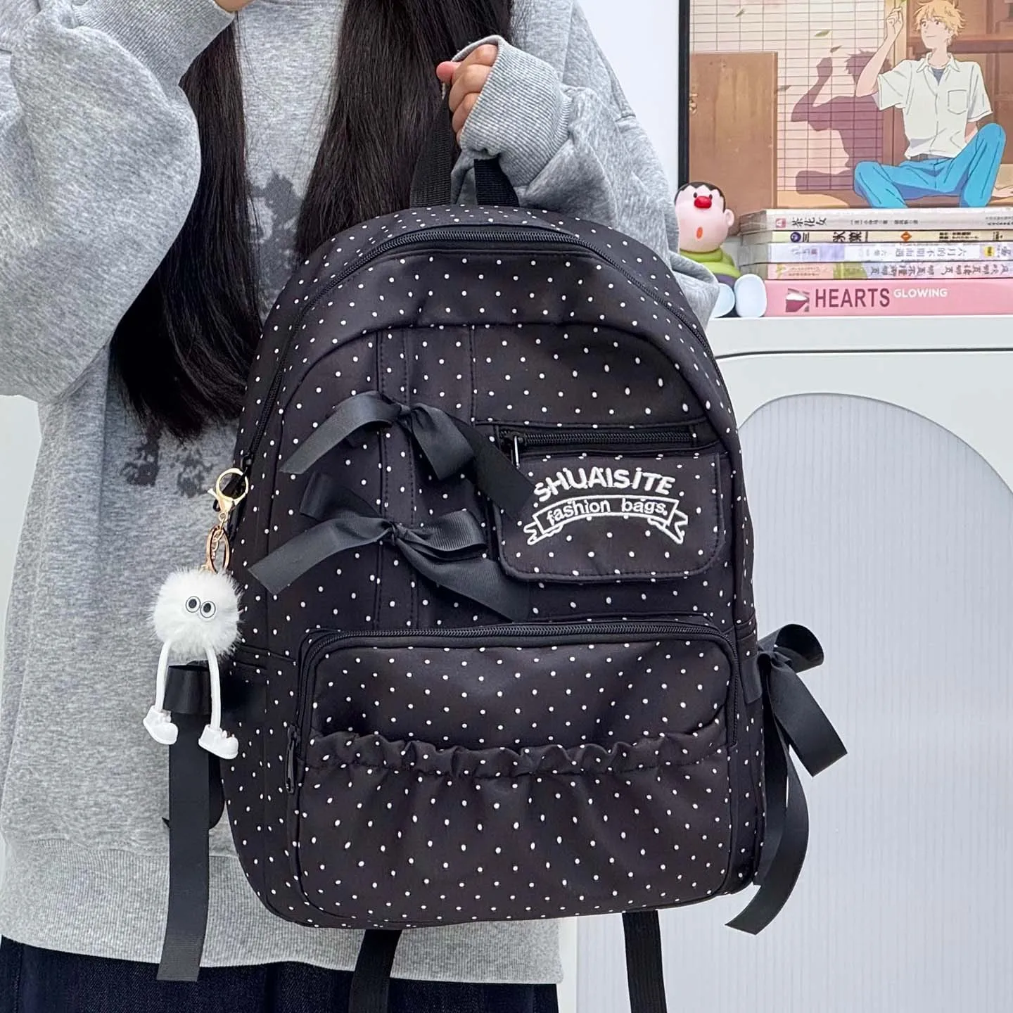 Nylon lightweight student backpack with large capacity, cute double-shoulder bag, polka dot bow, cute backpack