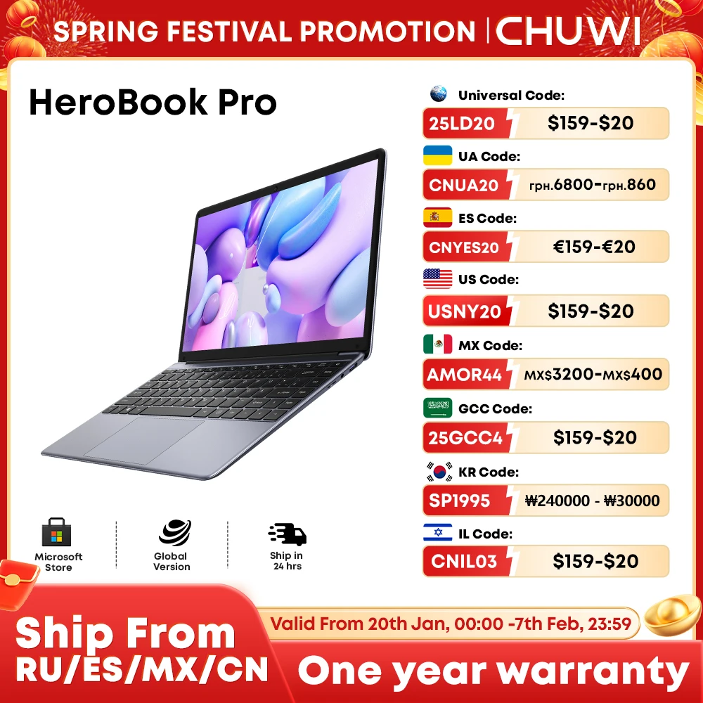 CHUWI HeroBook Pro แล็ปท็อป 8GB RAM 256GB SSD Intel Celeron N4020 Dual Core 14.1 นิ้วหน้าจอ IPS Windows 11 โน้ตบุ๊คแล็ปท็อป