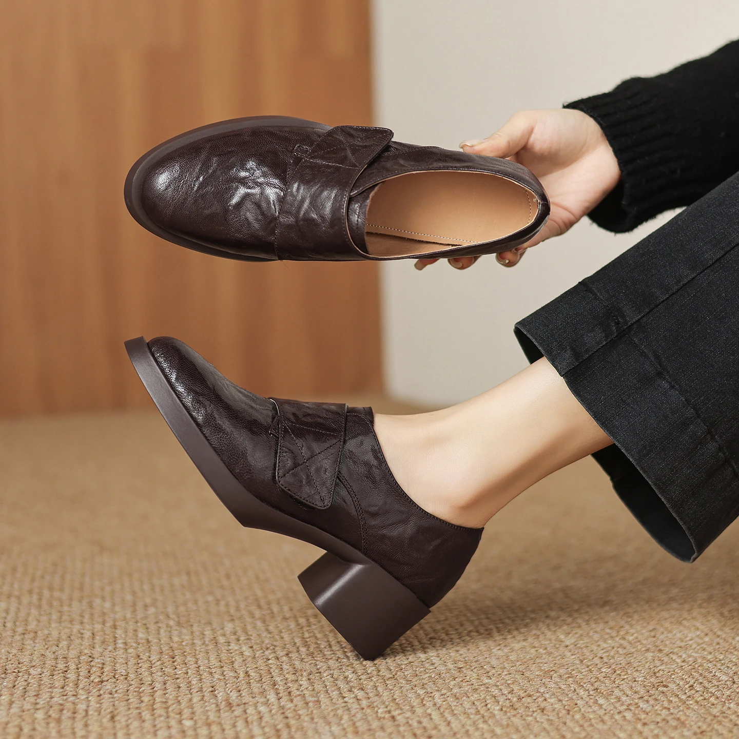 LIHUAMAO cow leather thick heel loafer shoes women heel shoes block heel casual shoes footwear work party office lady shoes