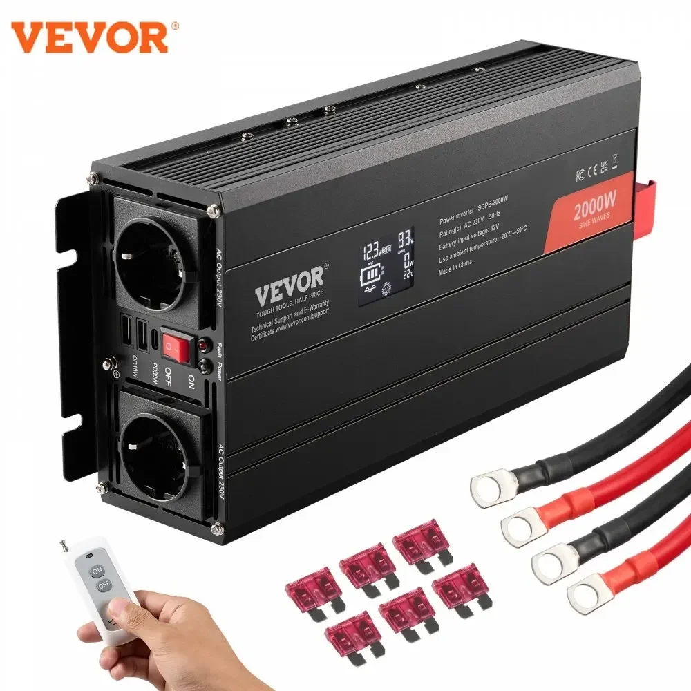 VEVOR Pure Sine Wave Inverter    DC 12V to AC 230V Power Inverter with 2 AC Outlets 2 USB Port 1 Type-C Port  Remote Control