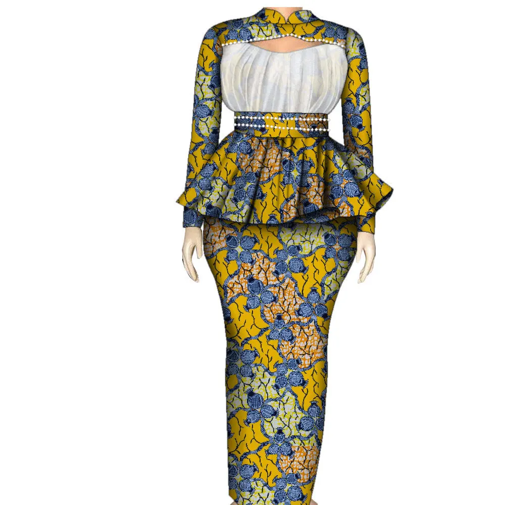 

Bintarealwax African Skirt Sets for Women Bazin Hollow Design Ankara Clothes Dashiki Flowers Traditional African Clothing WY9833