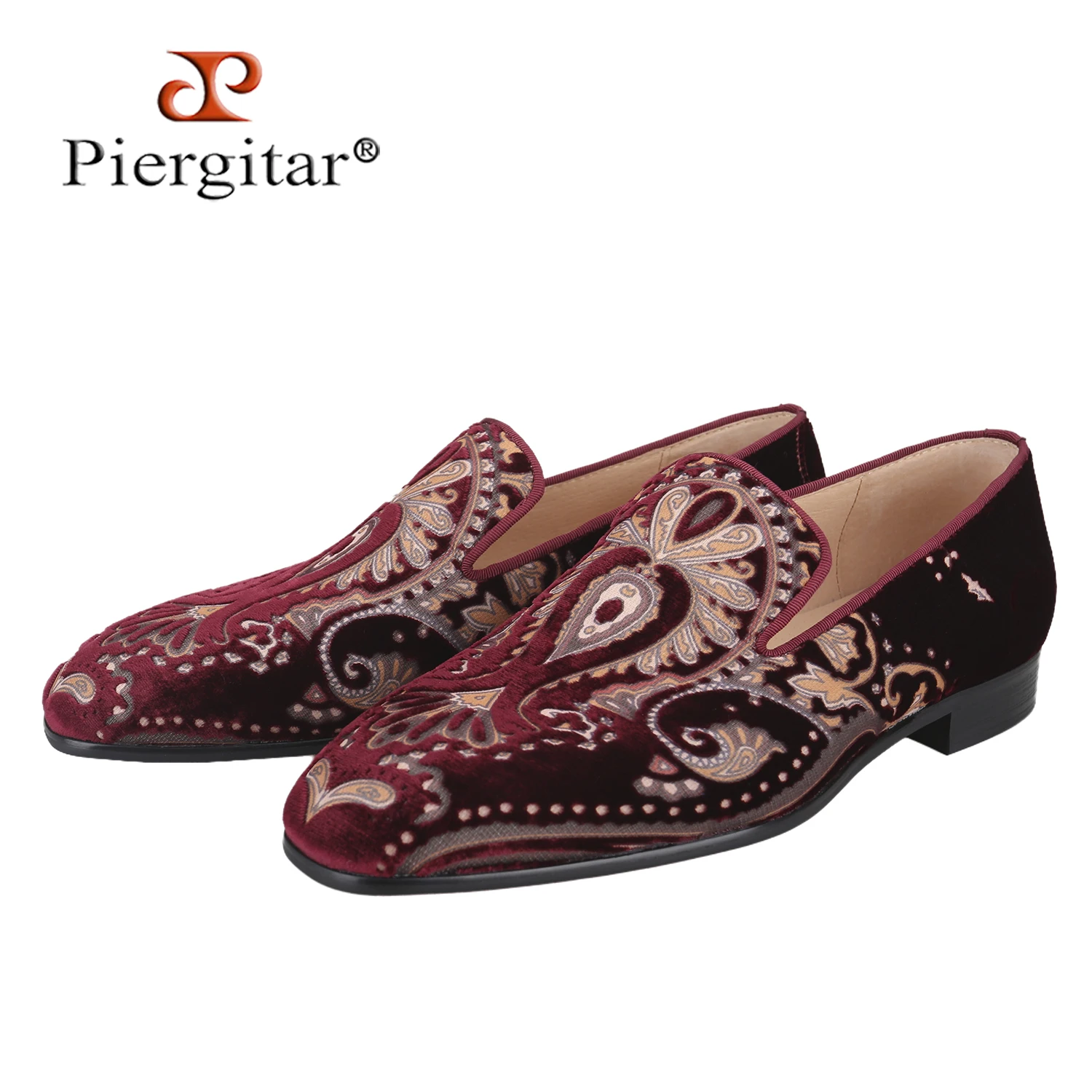 Piergitar Custom-Made Paisley Hollow-Out Craftsmanship Of Burgundy Silk Velvet Men's Loafers For Wedding And Party Formal Wear
