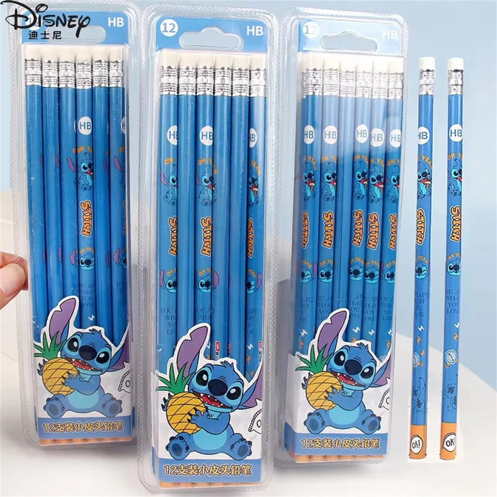 12pcs/Disney Stitch Pencil Cartoon Kid Rubber School Supplies Pencil Sharpener Pen with Eraser Hb Wooden Pencil Birthday Gift