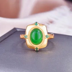 Foydjew Italian Retro Jewelry Gold-plated Rings Inlaid with Imitation Green Chalcedony Ring For Women Fine Anniversary Gifts