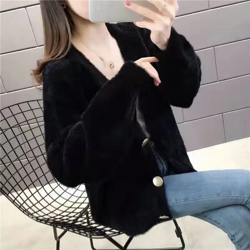 2023 Spring and Autumn Women\'s New Fashion Commuter Mink Fleece Cardigan Coat Loose Korean Short Comfortable Versatile Sweater