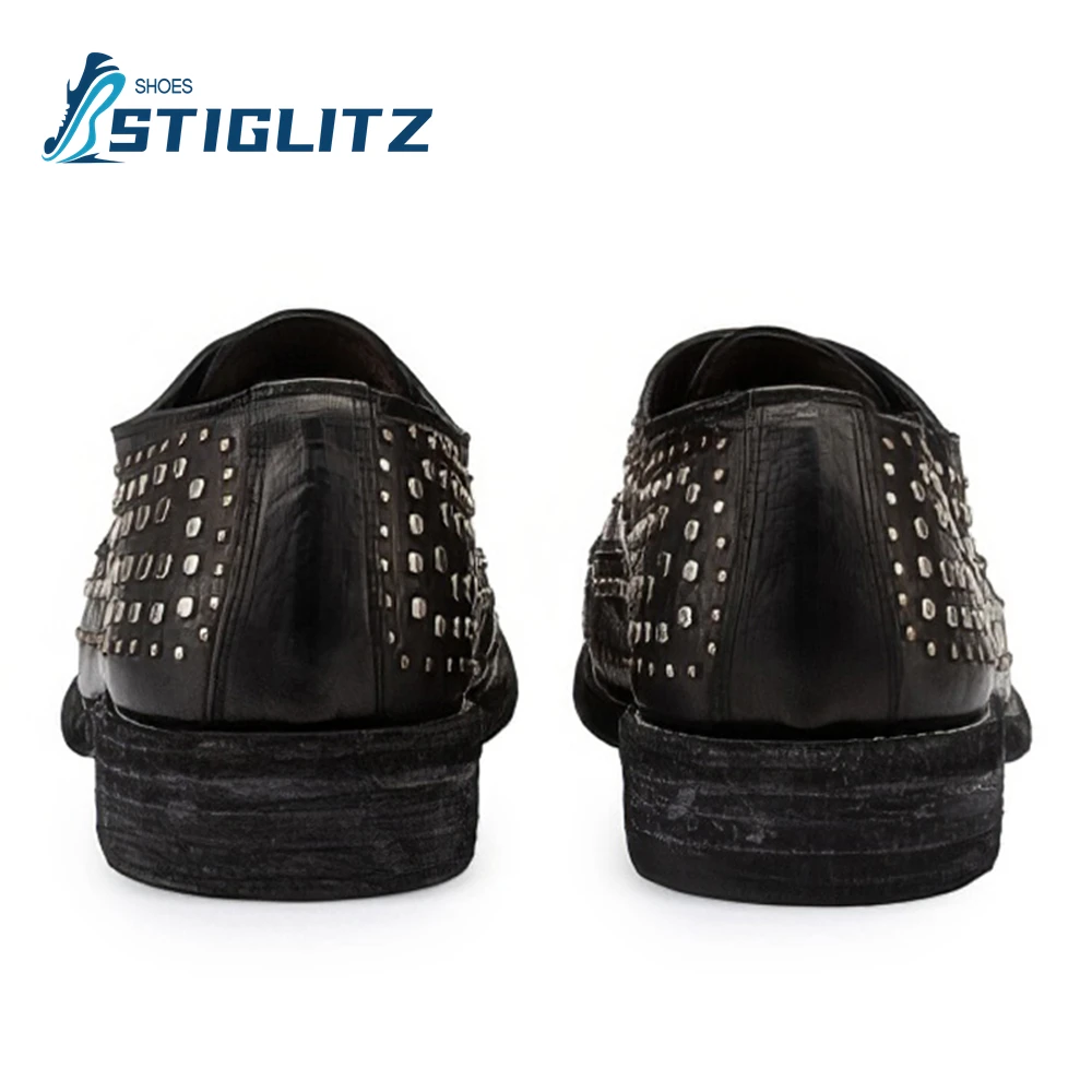 New Metal Pushpin Genuine Leather Brogues Men\'s Round Toe Shallow Sewing Thread Lace Up Oxfords Formal Wear Wedding Dress Shoes