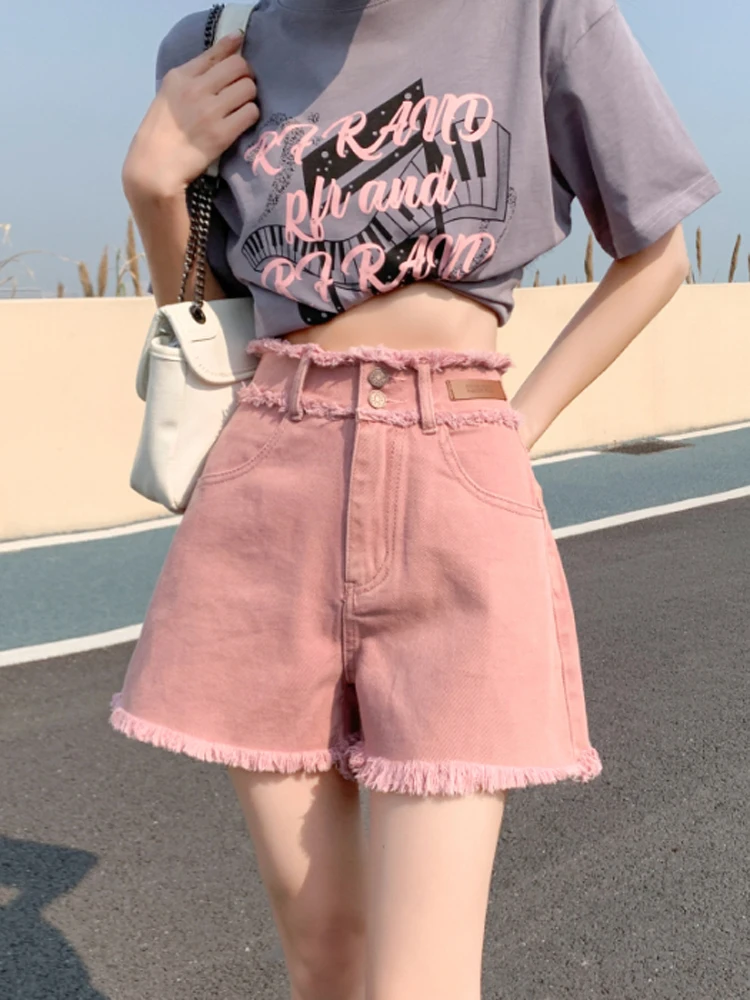 Flash borda rosa denim shorts para mulheres verão fino retro cintura alta magro solto pernas largas a linha picante menina peludo cowbody calças