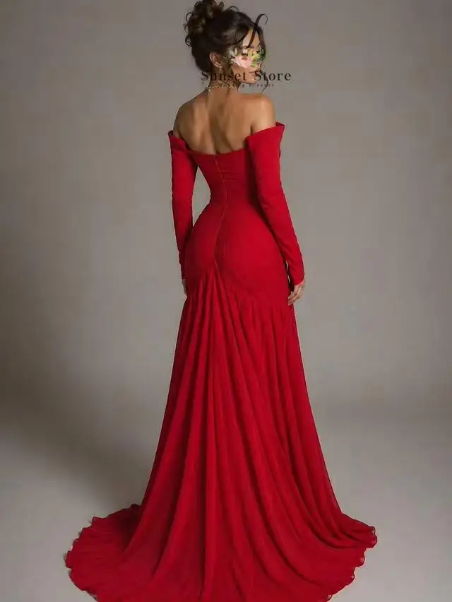Customized Red Off Shoulder Corset Evening Dress Elegant Long Sleeve Chiffon Formal Gown for Women Wedding Guest