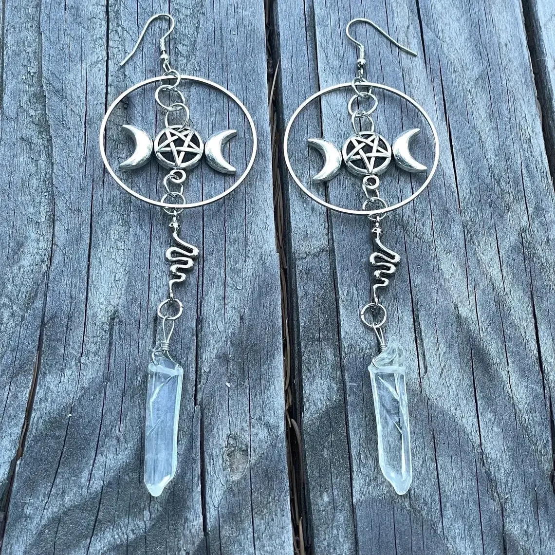 Fashion Triple Moon，pentacle and Snake Raw White Quartz Crystal Earrings