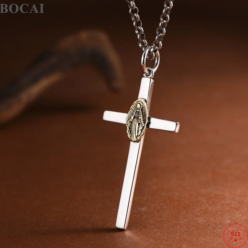 

BOCAI New S925 Sterling Silver Pendant for Men Women Golden Virgin Mary Cross Eternal Rattan Charms Charm Fine Choice Jewelry