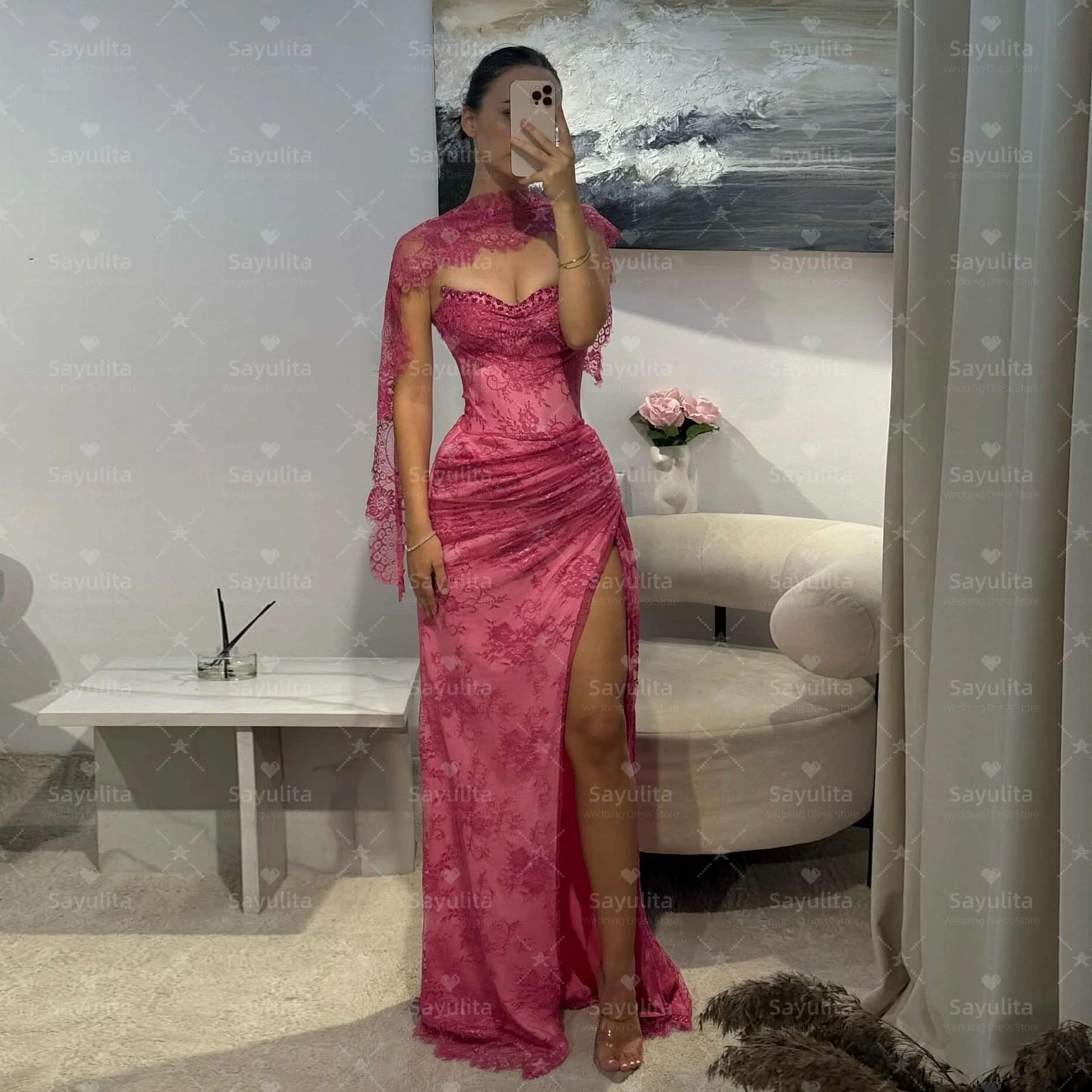 

Sayulita Full Lace Prom Dresses Beaded Sweetheart Evening Dress Ruched Side Slit Sexy Party Gowns with Shawls Customized