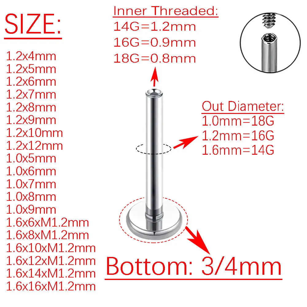 10/50 pz filettatura interna Base 3/4mm fondo per Labret naso orecchini a bottone base universale per labbro lingua accessori per Piercing del corpo