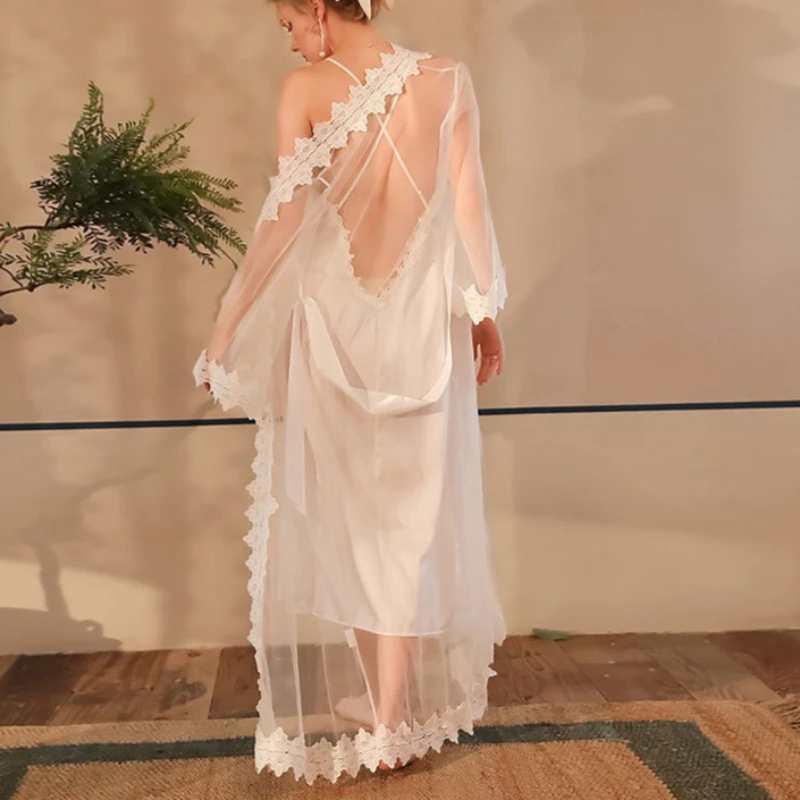 

Пижама, ночная рубашка на подтяжках, комплект из двух предметов, водорастворимая цветочная сетка, кружево в стиле пэчворк, длинный домашний наряд