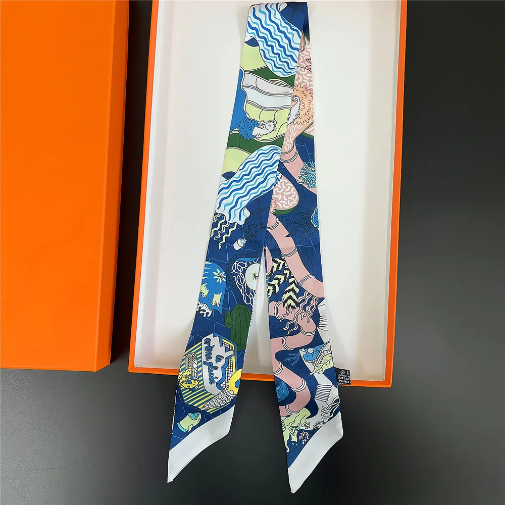 2025 New Luxury Hair Ribbon Scarf Women Neck Tie Bag Scarfs Satin Silk Skinny Headscarves Ladies Foulard Floral Bands 90*5cm