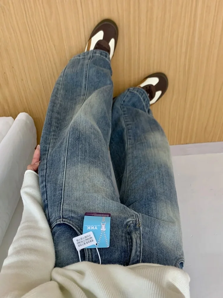 プラスサイズ ハイウエスト ブルー ジーンズ レディース ストレートレッグ ワイドレッグパンツ 梨型体型 着痩せ ルーズフィット カジュアルウェア