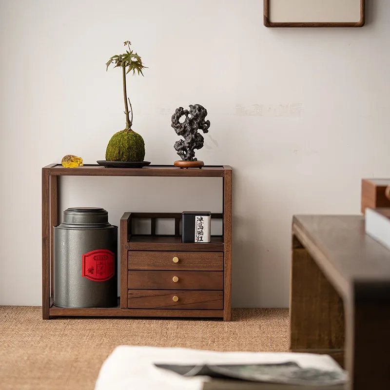 Walnut Desktop Shelf Tea Set Cup Teapot Tea Storage Box Drawer Cosmetics Jewelry Storage Rack