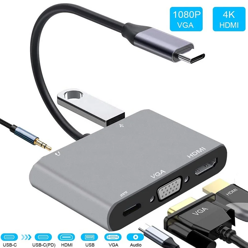 

USB C Hub 5 in 1 Type C Hub 4K USB C to HDMI VGA PD Power Delivery USB 3.0 Ports USB C to 3.5mm Audio for NoteBook/Pro