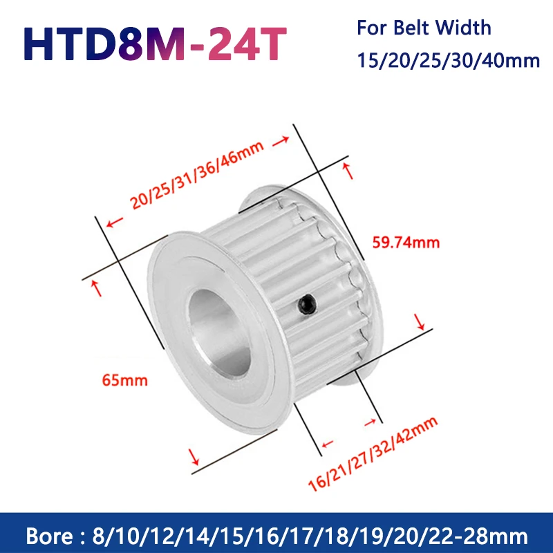 1pc 24 Teeth HTD8M Timing Pulley 24T HTD 8M Synchronus Wheel Bore 8/10/12/14/15/16/17/18-28mm for Belt Width 15/20/25/30/40mm