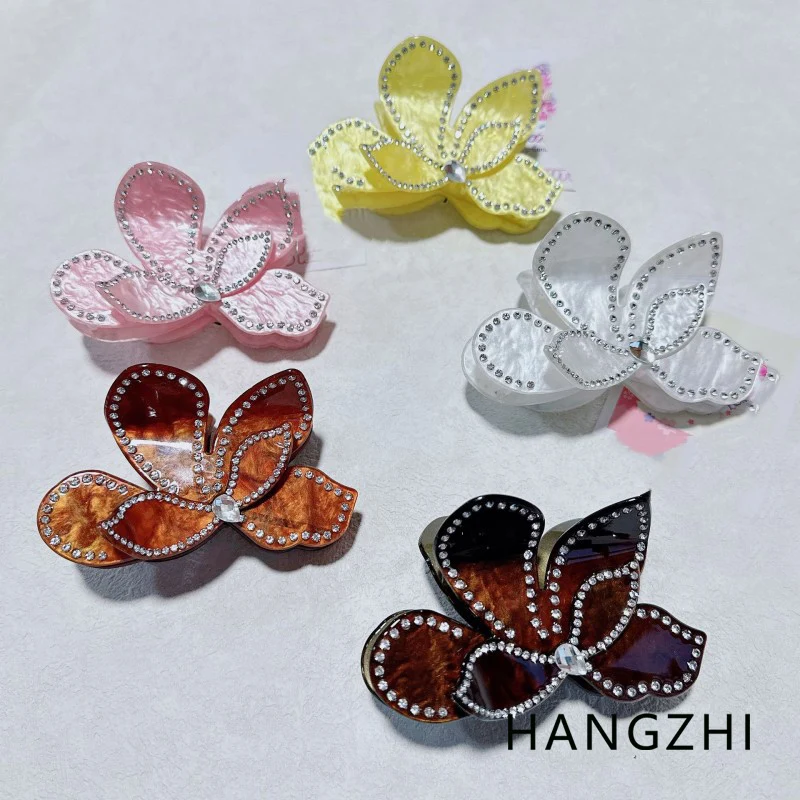 Hangzhi 다채로운 꽃 나비 라인스톤 헤어 클립, 우아한 헤어 액세서리, 귀여운 장난스러운 포니테일 클립, 여성용