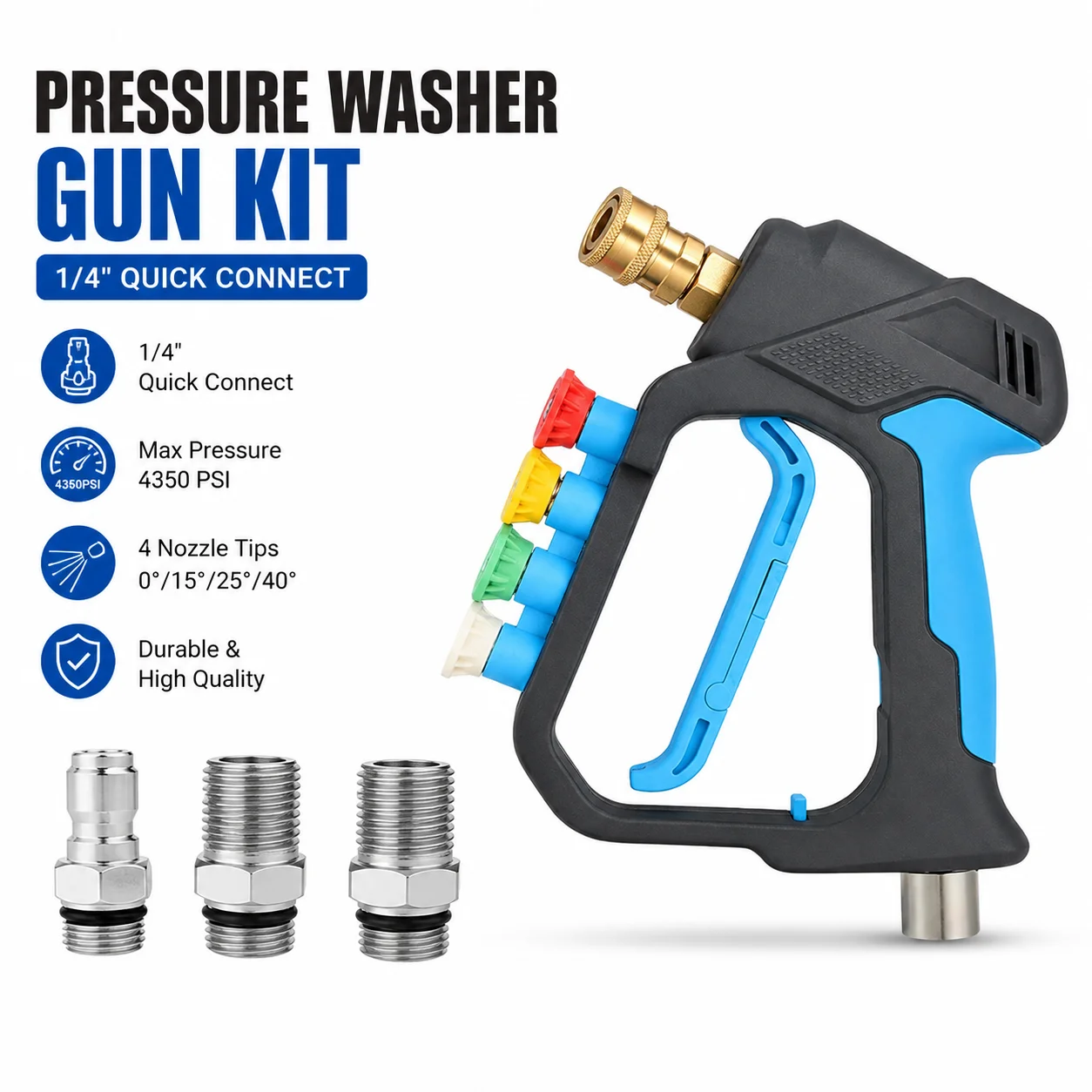 Rotating Anti-Tangle Car Wash Pressure Gun with 4 Color Nozzle Kit & 3 Replacement Connectors for Professional Auto Detailing