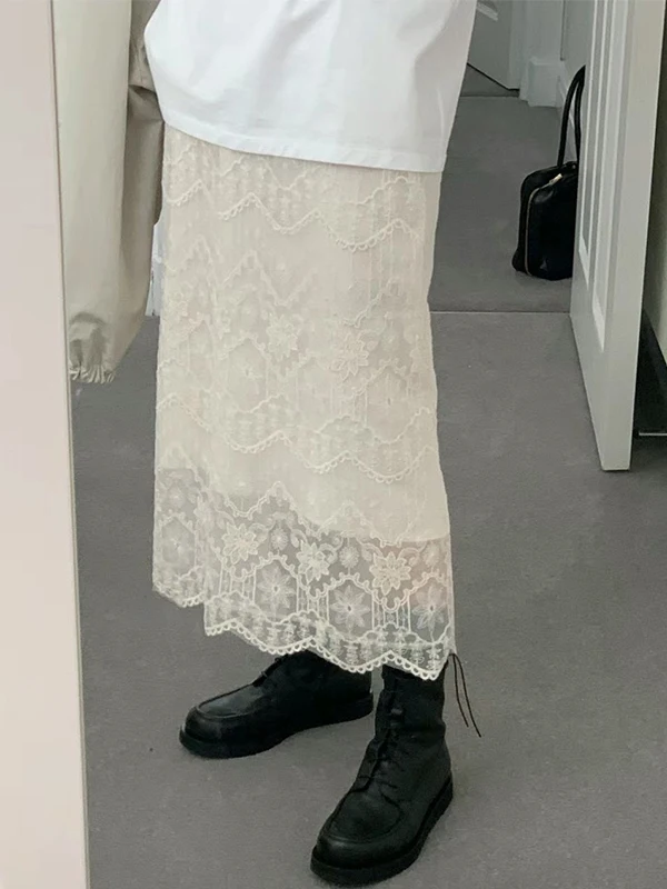 

Ele Lace Trim High Waist A-Line Skirt Women's Mid-Length White f Body Skirt Summer New Sle Commute Sle Skirt