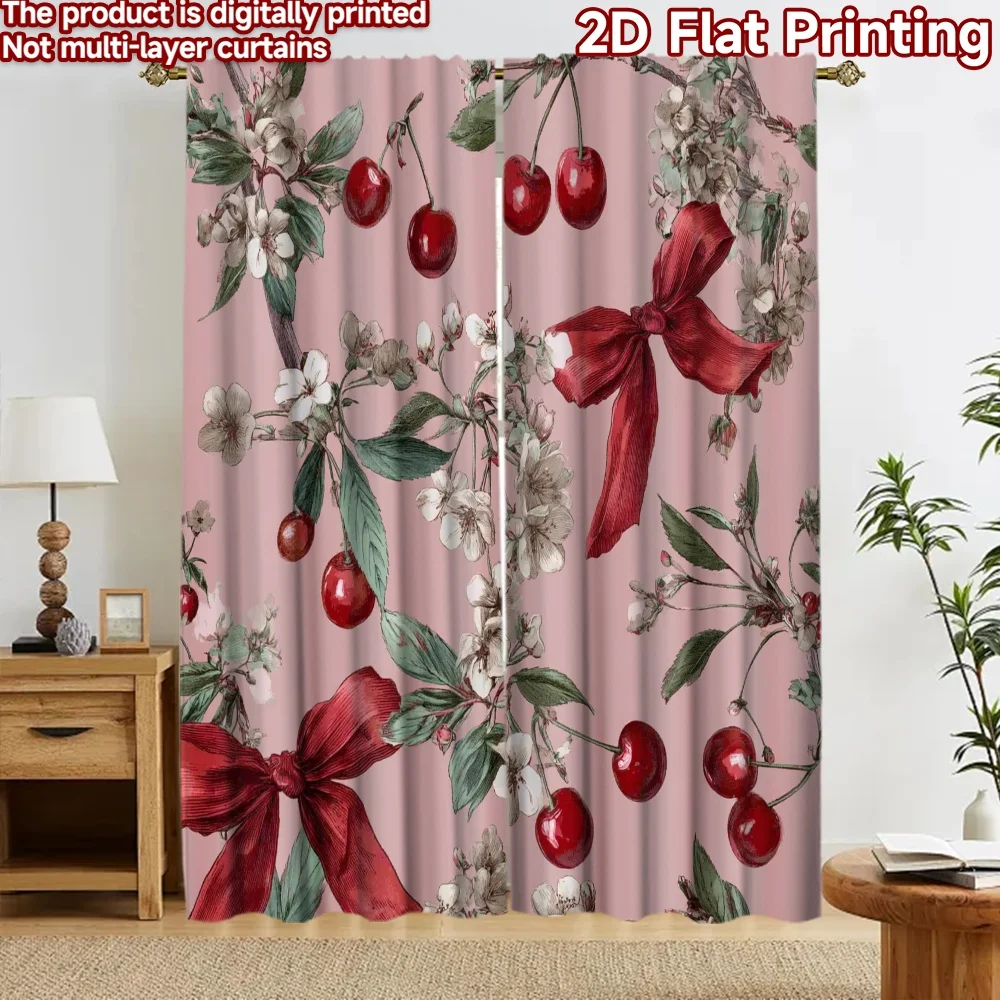 2D flat 2pcs Curtain Modern Minimalist Style Curtains Cherry Blossoms Bows Digitally printed polyester, colorfast Holiday