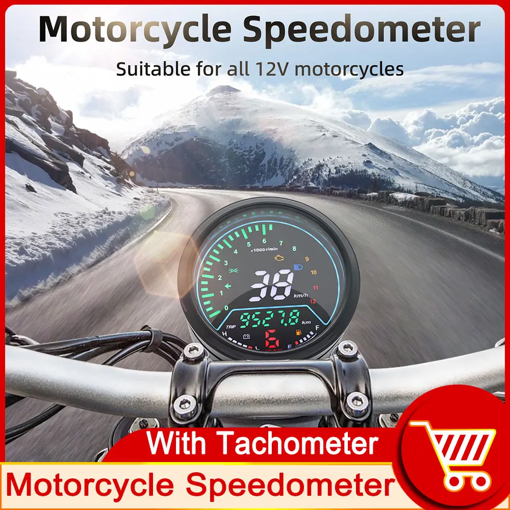 Motorcycle 12V LED LCD Digital Odometer Speedometer ODO TRIP Tachometer Fuel Level Gauge Voltage with Alarm for Honda for Yamaha