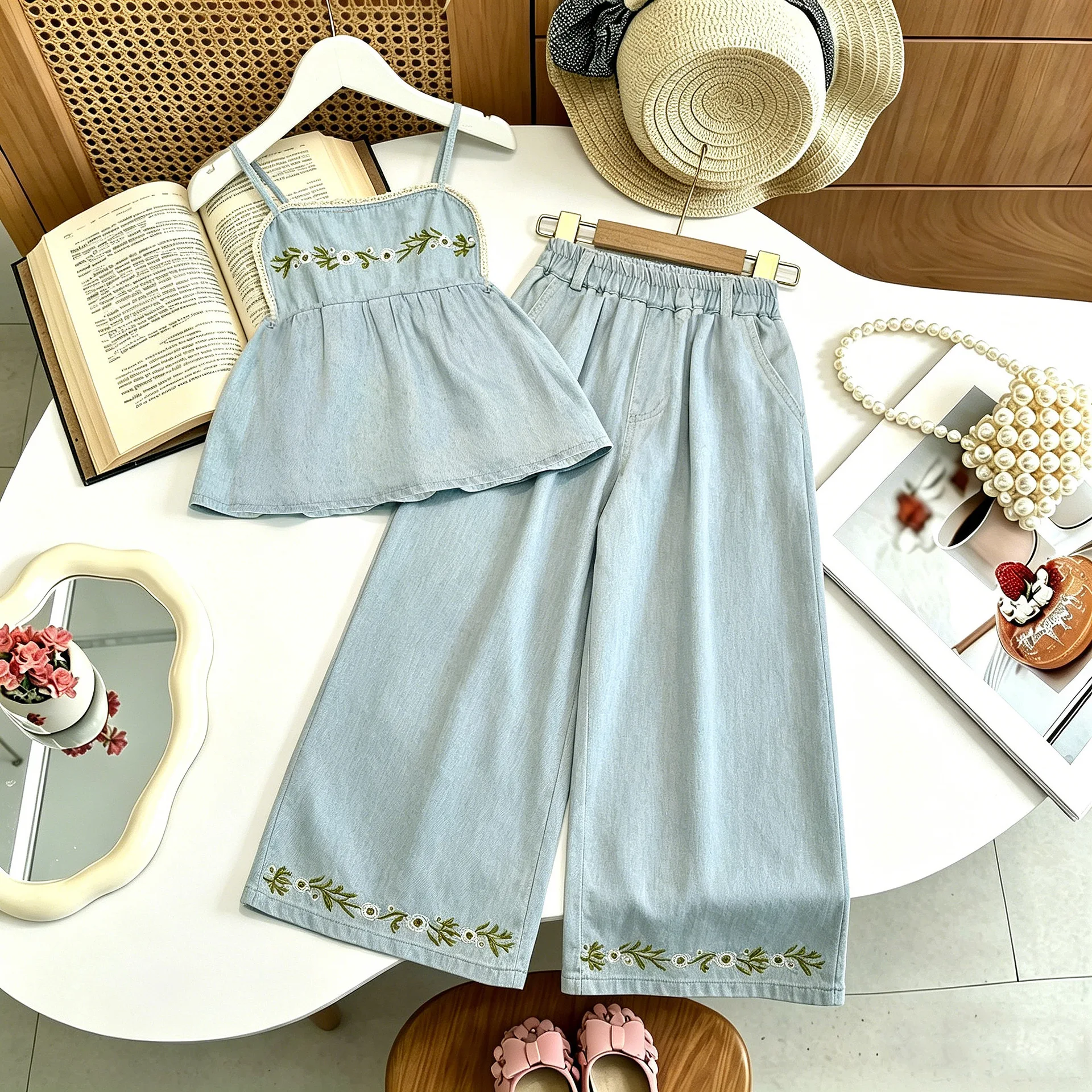 Summer Girls Set 2026 New Embroidered Floral Denim Strapless Vest Lace Wide Leg Pants Casual Two Piece Set