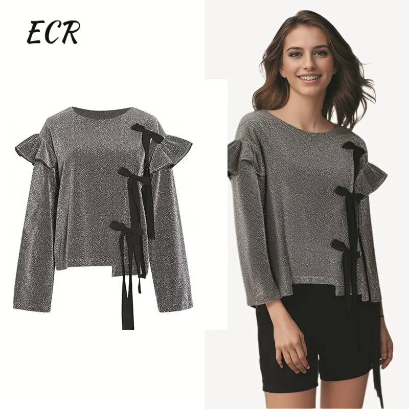 ECR Spliced Lace Up Temperament T Shirt Dla Kobiet Okrągły Dekolt Długi Rękaw Patchwork Bowknot Eleganckie Krótkie Topy Moda Damska Nowy