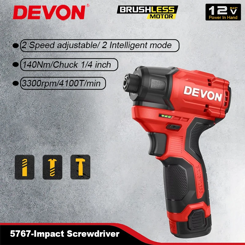 Devon 5767 Wireless Impact Screwdriver Brushless 12v 2 Intelligent Function Gear 140Nm 3300rpm 4100ipm Share Battery Platform