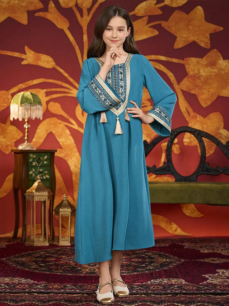 

Muslim Kids Girls Embroidery Tassels Maxi Dress Robe Prayer Ramadan Children Islamic Clothing Morocco Arabic Abaya Turkey Dubai
